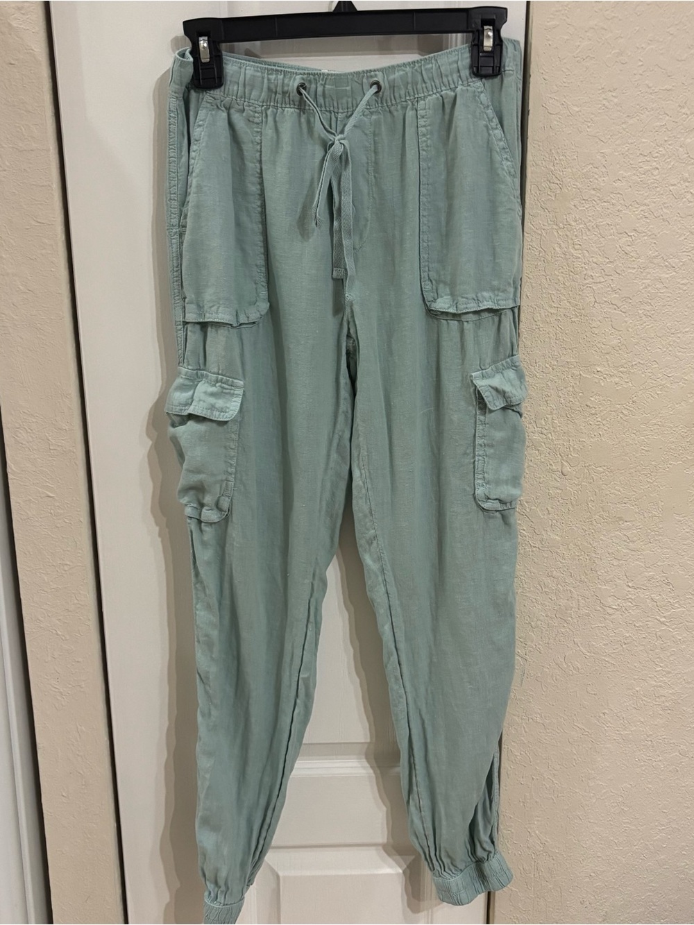 Nicole Miller Linen Light Sage Cargo Drawstring Joggers